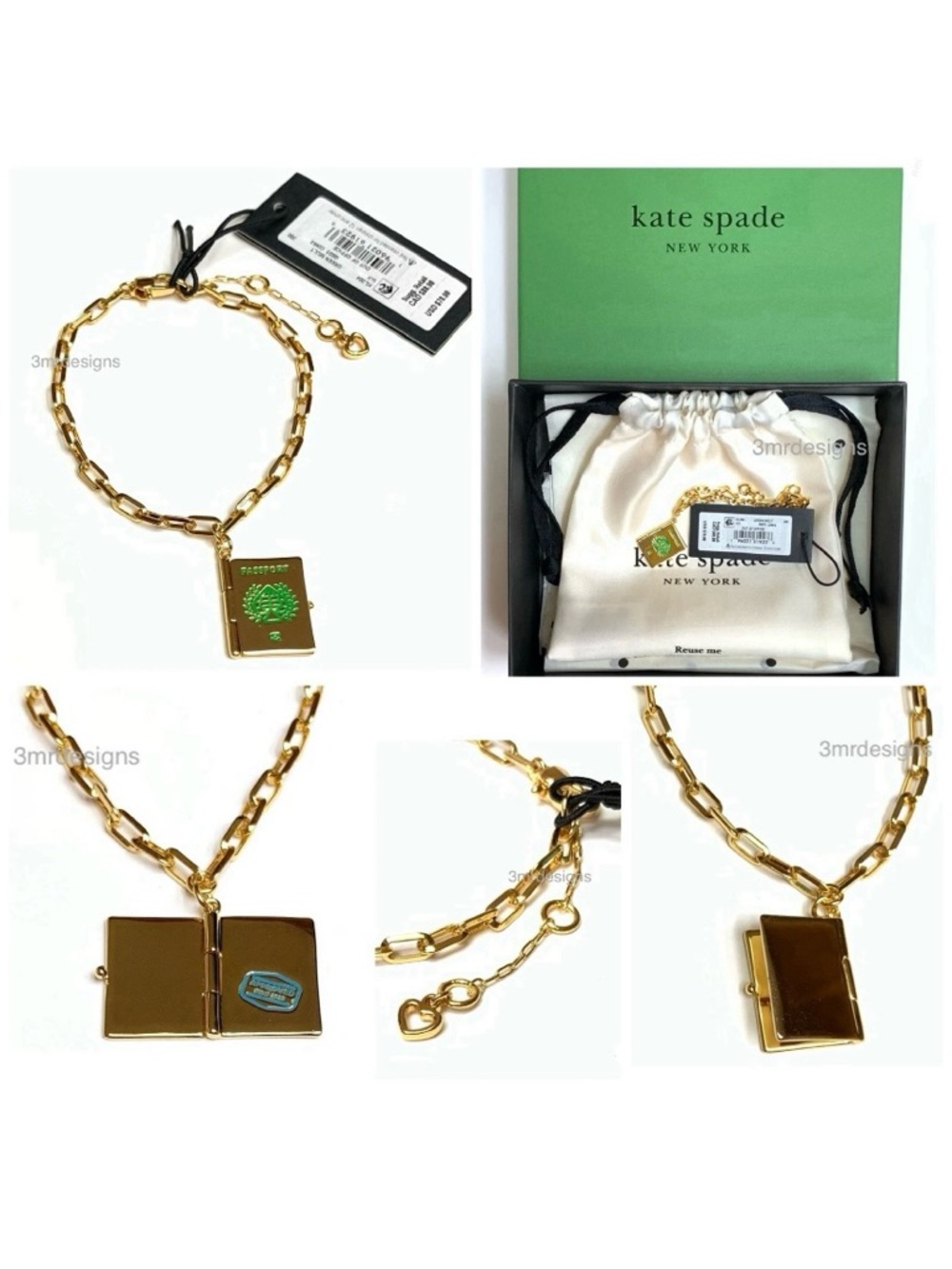 kate spade gold passport charm chain bracelet with green enamel detail
